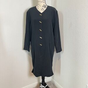 Vtg 80's Shomi by‎ Mille Shop 100% Silk Dress Gold Button Long Sleeve Black 10